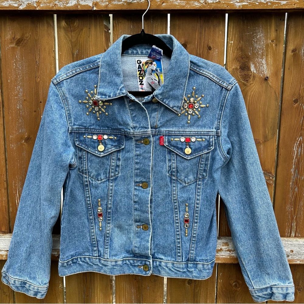 Vintage 80s Blue Jean Jacket with Bedazzled Embellishments